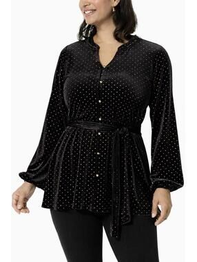 NWT Colleen Lopez Black Velvet Studded Polka Dot Belted Peplum Top Size XXS